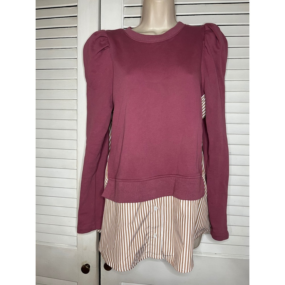Maeve Anthropologie Mixed Media Puff Sleeve Sweatshirt Striped Hem Mauve Medium